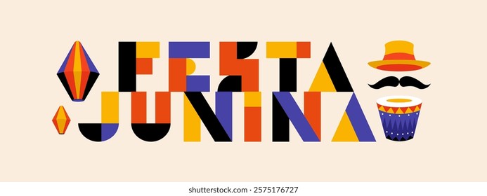 Festa junina poster with geometric pattern. Summer brazilian carnival banner with icons of music, lanterns, hat. Geometric banner of june festival in Brazil, vector illustration