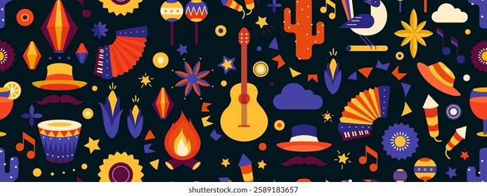 Festa junina poster - geometric seamless pattern. Summer brazilian carnival banner with icons of music, lanterns, flowers, hats and flags. Geometric banner of june festival in Brazil, vector illustrat