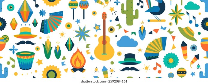 Festa junina poster - geometric seamless pattern. Summer brazilian carnival banner with icons of music, lanterns, flowers, hats and flags. Geometric banner of june festival in Brazil, vector bg