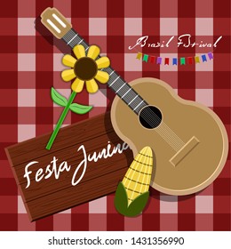 Festa junina poster with guitar, corn and sunflower. Brazilian festival - Vector
