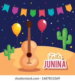festa junina poster with guitar and icons traditional vector illustration design