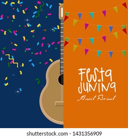 Festa junina poster with a guitar, pennants and confetti. Brazilian festival - Vector
