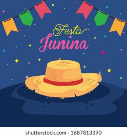 festa junina poster with hat wicker and decoration vector illustration design