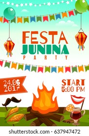 Festa junina poster with holiday decorations corn on cobs glass of red wine and fire on meadow flat vector illustration