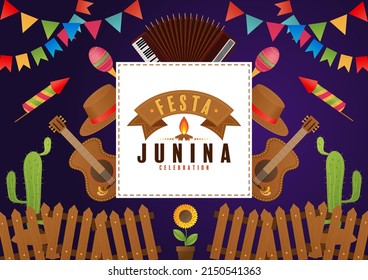 Festa Junina Poster June Festival. Folklore Holiday Guitar Accordion Cactus Summer Sunflower Campfire.