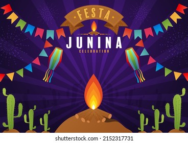 Festa Junina Poster June Festival. Folklore Holiday Guitar Accordion Cactus Summer Sunflower Campfire.