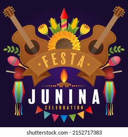 Festa Junina Poster June Festival. Folklore Holiday Guitar Accordion Cactus Summer Sunflower Campfire.