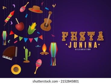 Festa Junina Poster Juni Festival. Folklore Holiday Gitarre Accordion Cactus Summer Sunflower Campfire.