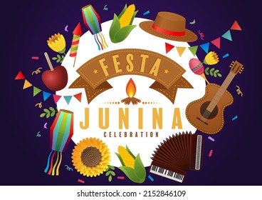 Festa Junina Poster June Festival. Folklore Holiday Guitar Accordion Cactus Summer Sunflower Campfire.