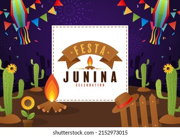 Festa Junina Poster June Festival. Folklore Holiday Guitar Accordion Cactus Summer Sunflower Campfire.
