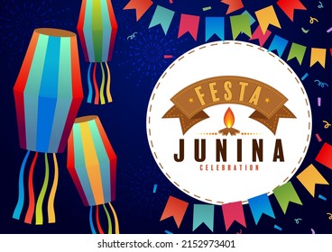 Festa Junina Poster June Festival. Folklore Holiday Guitar Accordion Cactus Summer Sunflower Campfire.