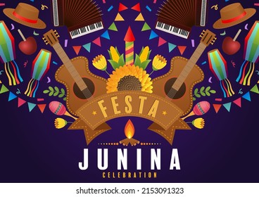 Festa Junina Poster June Festival. Folklore Holiday Guitar Accordion Cactus Summer Sunflower Campfire.