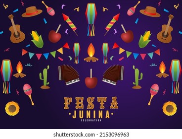 Festa Junina Poster June Festival. Folklore Holiday Guitar Accordion Cactus Summer Sunflower Campfire.