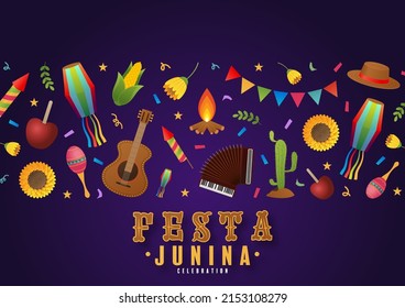 Festa Junina Poster June Festival. Folklore Holiday Guitar Accordion Cactus Summer Sunflower Campfire.