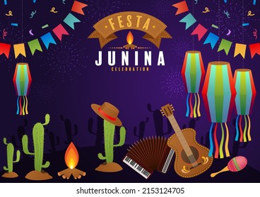 Festa Junina Poster June Festival. Folklore Holiday Guitar Accordion Cactus Summer Sunflower Campfire.