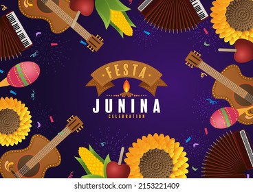 Festa Junina Poster June Festival. Folklore Holiday Guitar Accordion Cactus Summer Sunflower Campfire.