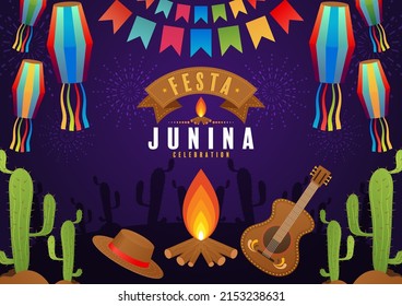 Festa Junina Poster June Festival. Folklore Holiday Guitar Accordion Cactus Summer Sunflower Campfire.