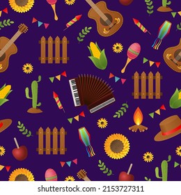 Festa Junina Poster June Festival. Folklore Holiday Guitar Accordion Cactus Summer Sunflower Campfire.