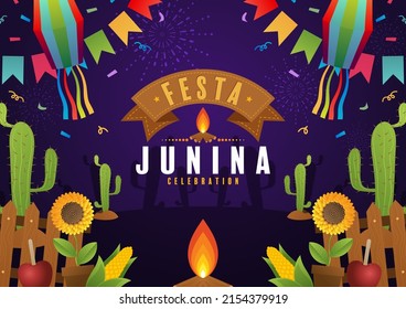 Festa Junina Poster Juni Festival. Folklore Holiday Gitarre Accordion Cactus Summer Sunflower Campfire.