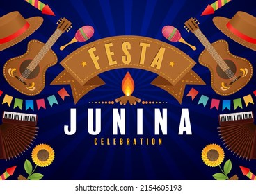 Festa Junina Poster June Festival. Folklore Holiday Guitar Accordion Cactus Summer Sunflower Campfire.