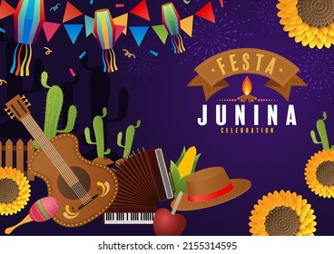 Festa Junina Poster June Festival. Folklore Holiday Guitar Accordion Cactus Summer Sunflower Campfire.