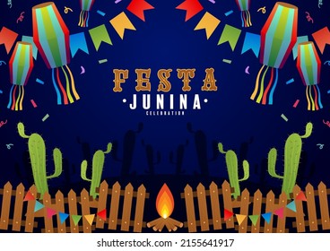 Festa Junina Poster June Festival. Folklore Holiday Guitar Accordion Cactus Summer Sunflower Campfire.