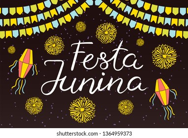 Festa Junina poster with lanterns, bunting, fireworks, confetti, Portuguese text, on dark background. Hand drawn vector illustration. Flat style design. Concept for holiday banner, flyer.