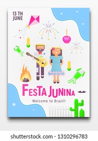 Festa Junina Poster for Latin American Holiday, June Festival in Brazil. Cartoon People and Carnival Objects. Vector Illustration.
