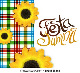 Festa junina poster with lettering and sunflowers