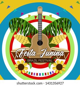 Festa junina poster with muscial instruments, corn and sunflowers. Brazilian festival - Vector