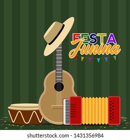 Festa junina poster with muscial instruments and hat. Brazilian festival - Vector