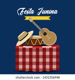 Festa junina poster with a musical instrument and hat on a picnic table. Brazilian festival - Vector