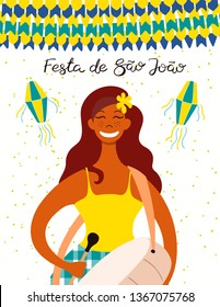 Festa Junina poster with a musician playing drum, lanterns, bunting, Portuguese text Festa de Sao Joao. Hand drawn vector illustration. Flat style design. Concept for Brazilian holiday banner, flyer.