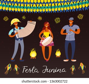 Festa Junina poster with musicians, lanterns, bunting, fireworks, Portuguese text, on dark background. Hand drawn vector illustration. Flat style design. Concept for holiday banner, flyer.