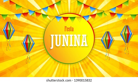 Festa Junina poster with paper lanterns and  paper garlands on yellow background, vector illustration