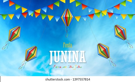 Festa Junina poster with paper lanterns and  paper garlands on blue cloudy sky background, vector illustration