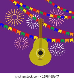 Festa Junina poster with party flags, guitar and fireworks