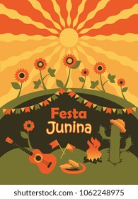 Festa Junina poster. The rays of the sun and campfire vector Illustration