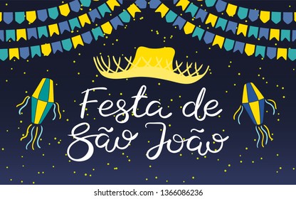 Festa Junina poster with straw hat, lanterns, bunting, Portuguese text Festa de Sao Joao, on dark background. Hand drawn vector illustration. Flat style design. Concept for holiday banner, flyer.