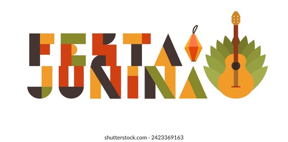 Festa junina poster. Summer brazilian carnival banner with icons of music, lanterns, flowers, hats and flags. Geometric banner of june festival in Brazil, vector illustration