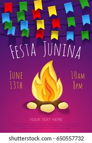 Festa junina poster with traditional paper bonfire and colorful flags, Latin American holiday, Brazil Festival.