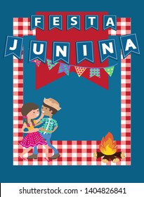 Festa Junina poster vector. Cute cartoon style boy and girl dancing. 