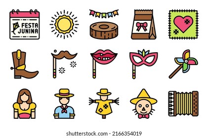 Festa junina related icon set, filled style vector illustration