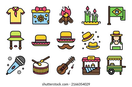 Festa junina related icon set, filled style vector illustration