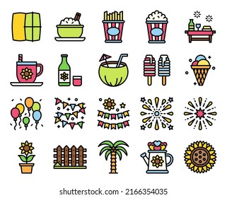 Festa junina related icon set, filled style vector illustration