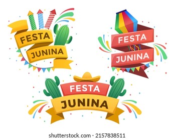 Festa Junina Ribbon Design With Text and With 3 Variations. 
Festa Junina Design Element.
Can be used for banners, posters, flyers, greeting cards, postcards, animations, web, templates, prints, Etc