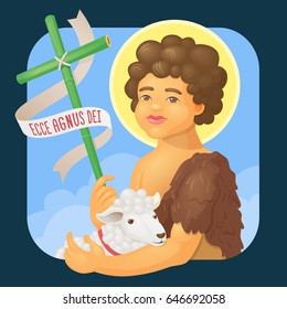 Festa Junina - Saint John Baptist, honored in brazilian june parties - Ecce agnus dei (Behold the lamb of God) - Flat vector cartoon for june party or religious themes