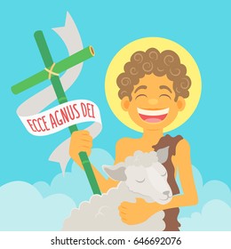 Festa Junina - Saint John Baptist, honored in brazilian june parties - Ecce agnus dei (Behold the lamb of God)  - Flat vector cartoon for june party or religious themes