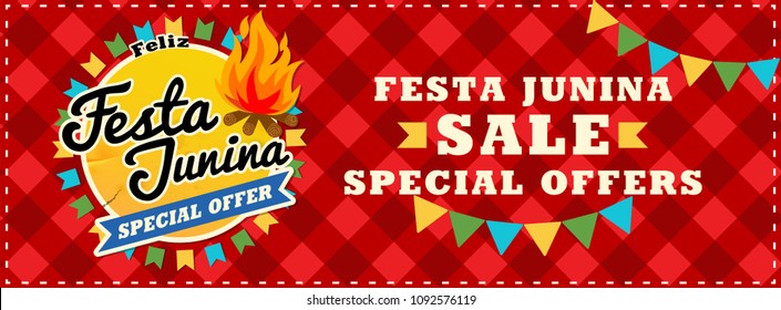 Festa junina sale poster. Beautiful vector background with fireworks and with a garland from flags and confetti for advertising. Vector illustration.