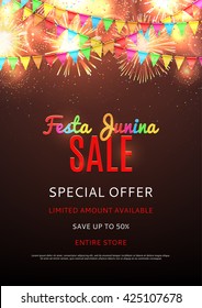 Festa junina sale poster. Beautiful vector background with fireworks and with a garland from flags and confetti for advertising. Vector illustration.